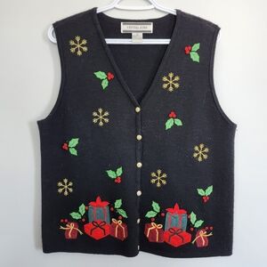 Festive Black Holiday Vest with Embroidered Gifts